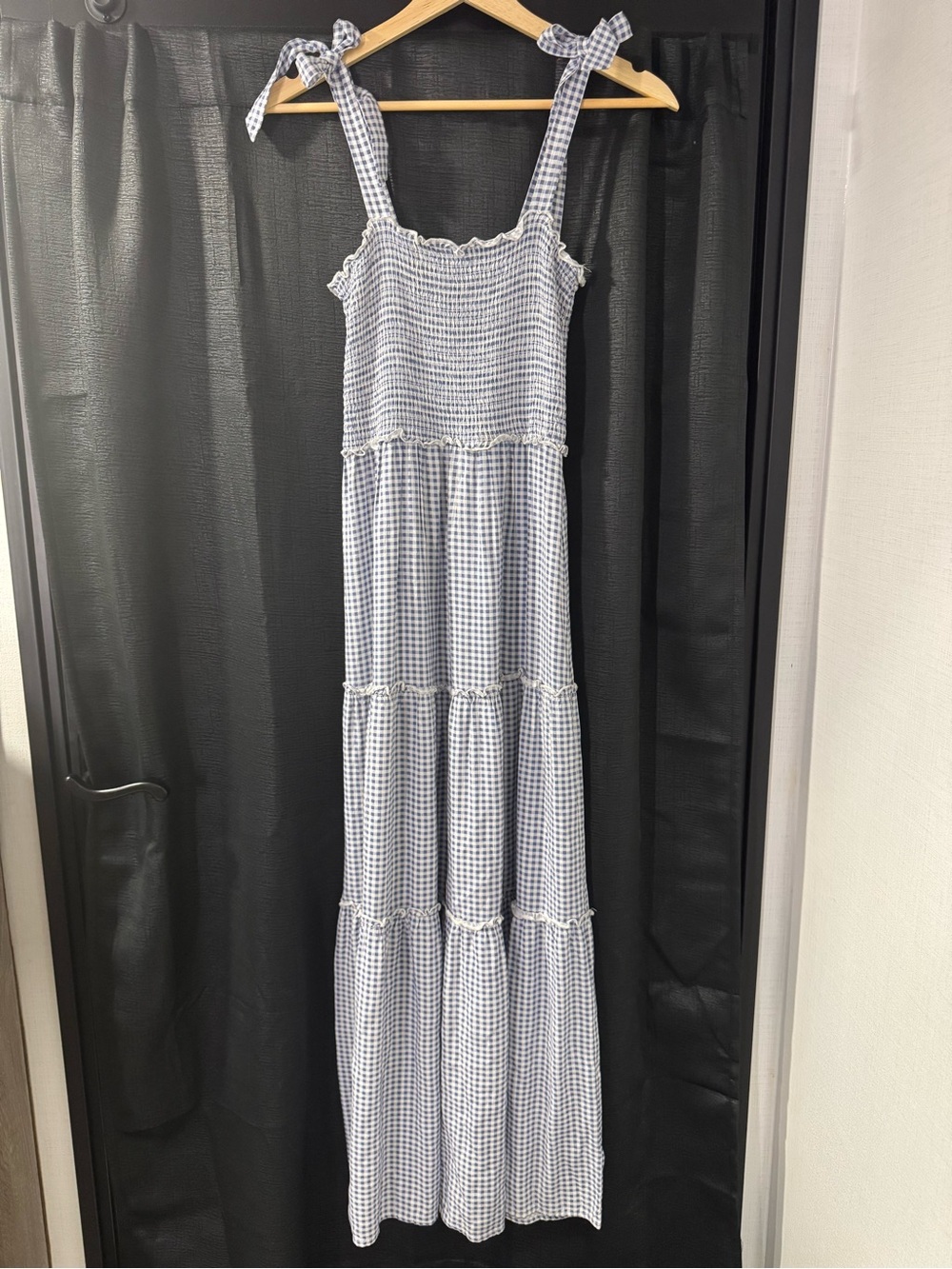 Blue Gingham Tie-Shoulder Maxi Dress